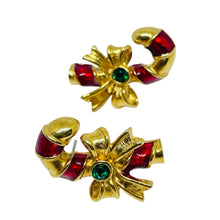 Load image into Gallery viewer, Vintage AVON signed gold tone enamel rhinestone Christmas designer earrings
