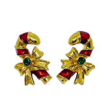Load image into Gallery viewer, Vintage AVON signed gold tone enamel rhinestone Christmas designer earrings
