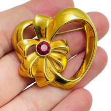 Load image into Gallery viewer, Vintage AVON signed gold tone rhinestone heart designer brooch
