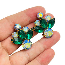 Load image into Gallery viewer, Vintage CELEBRITY gold emerald green rhinestone designer clip on earrings
