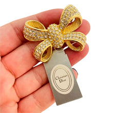 Load image into Gallery viewer, Vintage CHRISTIAN DIOR signed gold crystals designer runway bow brooch w tag
