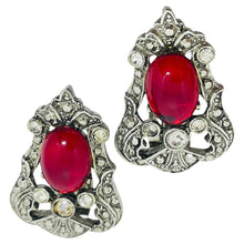 Load image into Gallery viewer, Vintage CRAFT signed silver tone ruby red glass clip on earrings

