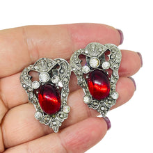 Load image into Gallery viewer, Vintage CRAFT signed silver tone ruby red glass clip on earrings
