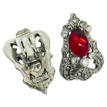Load image into Gallery viewer, Vintage CRAFT signed silver tone ruby red glass clip on earrings
