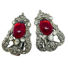Load image into Gallery viewer, Vintage CRAFT signed silver tone ruby red glass clip on earrings
