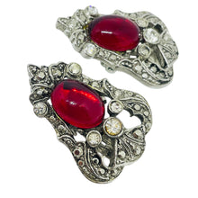 Load image into Gallery viewer, Vintage CRAFT signed silver tone ruby red glass clip on earrings
