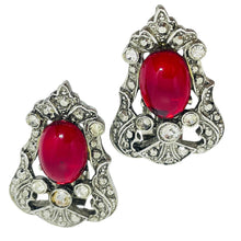 Load image into Gallery viewer, Vintage CRAFT signed silver tone ruby red glass clip on earrings
