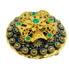 Load image into Gallery viewer, Vintage CZECHO signed gold plated emerald rhinestones brooch
