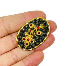 Load image into Gallery viewer, Vintage CZECHO signed gold plated ruby rhinestones brooch
