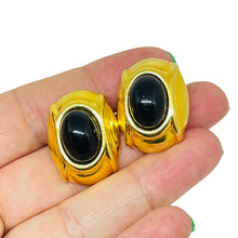 Load image into Gallery viewer, Vintage DAUPLAISE signed gold tone black cabochon designer pierced earrings
