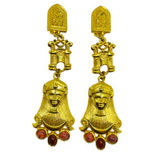 Load image into Gallery viewer, Vintage Egyptian gold dangle designer runway clip on earrings
