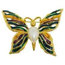 Load image into Gallery viewer, Vintage Fo signed gold tone enamel pearl butterfly designer brooch
