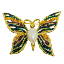 Load image into Gallery viewer, Vintage Fo signed gold tone enamel pearl butterfly designer brooch
