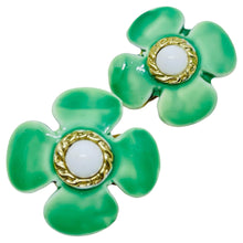Load image into Gallery viewer, Vintage HOBE signed gold tone enamel flower designer clip on earrings
