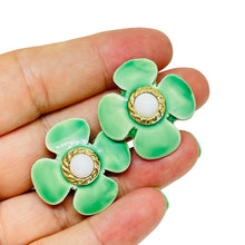 Load image into Gallery viewer, Vintage HOBE signed gold tone enamel flower designer clip on earrings
