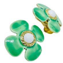 Load image into Gallery viewer, Vintage HOBE signed gold tone enamel flower designer clip on earrings
