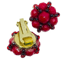 Load image into Gallery viewer, Vintage HOBE signed gold tone red glass beaded cluster designer clip on earrings
