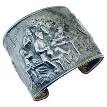 Load image into Gallery viewer, Vintage JRS Denmark silver plate scenic repousse cuff designer bracelet
