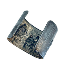 Load image into Gallery viewer, Vintage JRS Denmark silver plate scenic repousse cuff designer bracelet
