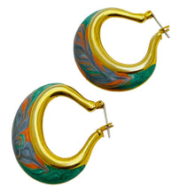 Load image into Gallery viewer, Vintage MADE IN USA signed gold tone enamel hoop designer earrings
