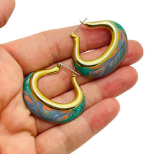 Load image into Gallery viewer, Vintage MADE IN USA signed gold tone enamel hoop designer earrings
