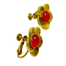 Load image into Gallery viewer, Vintage MMA signed gold red glass flower designer runway clip on earrings
