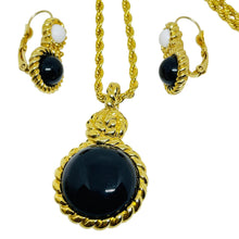 Load image into Gallery viewer, Vintage MONET gold tone black white resin designer chain necklace earrings set

