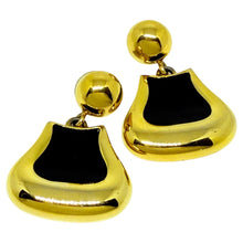 Load image into Gallery viewer, Vintage MONET signed gold tone black enamel designer dangle earrings
