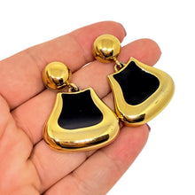 Load image into Gallery viewer, Vintage MONET signed gold tone black enamel designer dangle earrings

