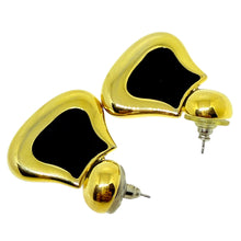 Load image into Gallery viewer, Vintage MONET signed gold tone black enamel designer dangle earrings
