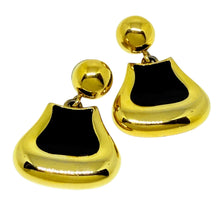 Load image into Gallery viewer, Vintage MONET signed gold tone black enamel designer dangle earrings
