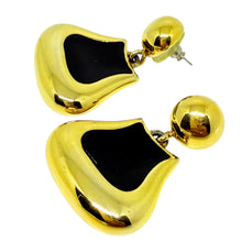 Load image into Gallery viewer, Vintage MONET signed gold tone black enamel designer dangle earrings
