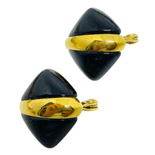 Load image into Gallery viewer, Vintage MONET signed gold tone black resin designer clip on earrings
