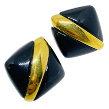Load image into Gallery viewer, Vintage MONET signed gold tone black resin designer clip on earrings
