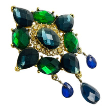 Load image into Gallery viewer, Vintage MONET signed gold tone sapphire emerald glass designer brooch
