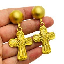 Load image into Gallery viewer, Vintage NORMA JEAN signed matte gold cross dangle designer clip on earrings
