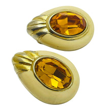 Load image into Gallery viewer, Vintage PISCITELLI signed gold tone enamel citrine glass designer clip earrings
