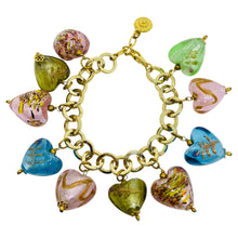 Load image into Gallery viewer, Vintage R.J. GRAZIANO gold tone chain art glass heart charms designer bracelet
