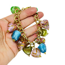 Load image into Gallery viewer, Vintage R.J. GRAZIANO gold tone chain art glass heart charms designer bracelet
