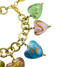 Load image into Gallery viewer, Vintage R.J. GRAZIANO gold tone chain art glass heart charms designer bracelet
