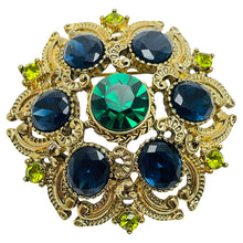 Load image into Gallery viewer, Vintage SEQUIN signed gold tone sapphire emerald glass designer brooch
