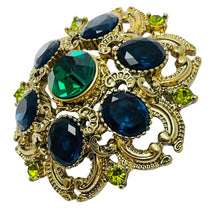 Load image into Gallery viewer, Vintage SEQUIN signed gold tone sapphire emerald glass designer brooch
