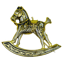 Load image into Gallery viewer, Vintage SPAIN damascene gold tone black designer swinging horse brooch
