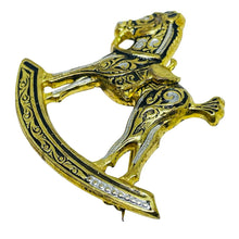 Load image into Gallery viewer, Vintage SPAIN damascene gold tone black designer swinging horse brooch
