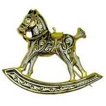 Load image into Gallery viewer, Vintage SPAIN damascene gold tone black designer swinging horse brooch

