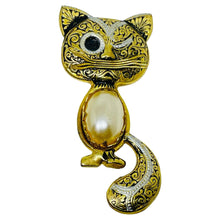 Load image into Gallery viewer, Vintage SPAIN damascene gold tone black faux pearl cat designer brooch
