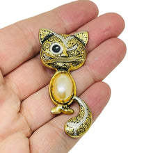 Load image into Gallery viewer, Vintage SPAIN damascene gold tone black faux pearl cat designer brooch
