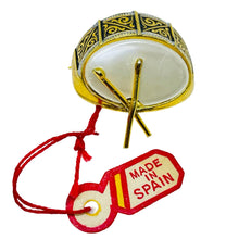 Load image into Gallery viewer, Vintage SPAIN damascene gold tone black pearl drum designer brooch
