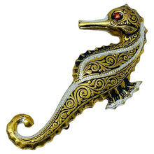 Load image into Gallery viewer, Vintage SPAIN damascene gold tone black seahorse designer brooch
