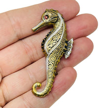 Load image into Gallery viewer, Vintage SPAIN damascene gold tone black seahorse designer brooch
